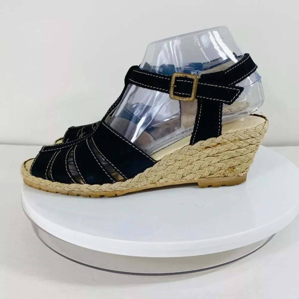 Andre Assous Espadrilles Leather Sandals Womens‎ 8 Black Wedge T-Strap Buckle